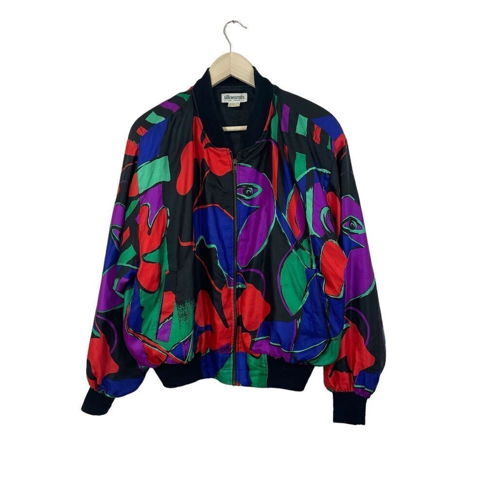 Vintage Silkworms X-Large Bomber Jacket Colorful Art To Wear Zip Womens